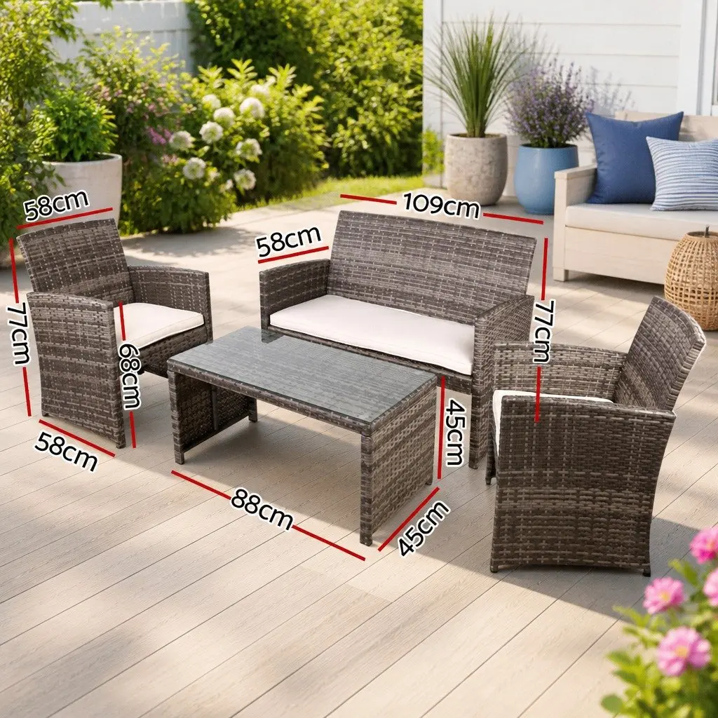 4-Piece Outdoor Rattan Sofa Set with Storage Cover Grey Patio Furniture Lounge