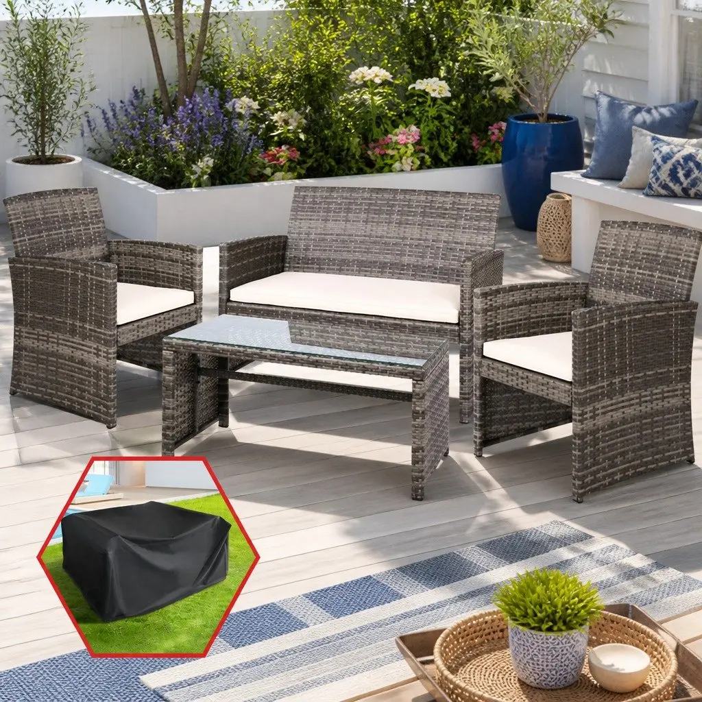 4-Piece Outdoor Rattan Sofa Set with Storage Cover Grey Patio Furniture Lounge