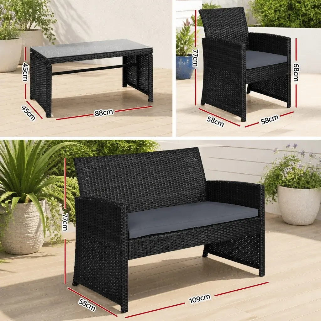 4 Piece Outdoor Wicker Sofa Set Black Rattan 2 Seater Love Seat 2 Single Armchairs Coffee Table