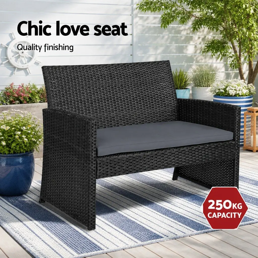 4 Piece Outdoor Wicker Sofa Set Black Rattan 2 Seater Love Seat 2 Single Armchairs Coffee Table
