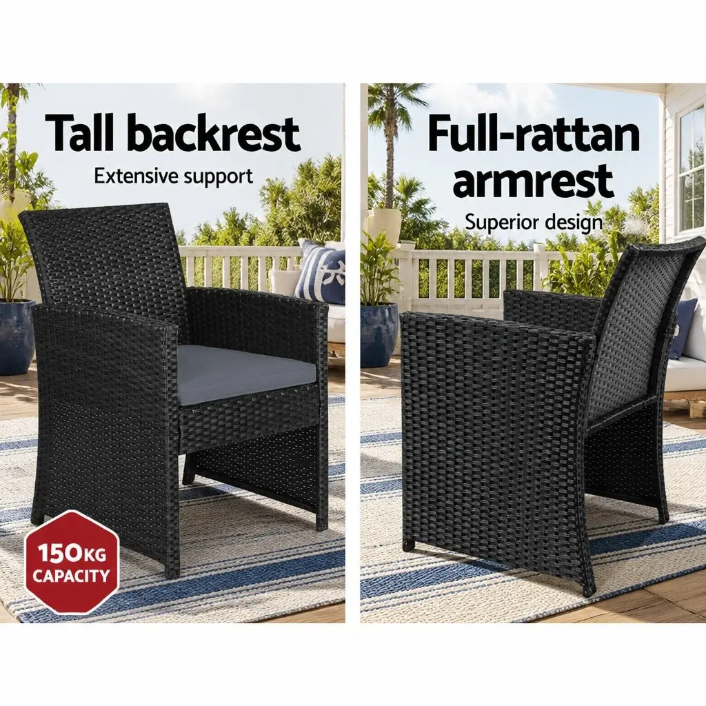 4 Piece Outdoor Wicker Sofa Set Black Rattan 2 Seater Love Seat 2 Single Armchairs Coffee Table