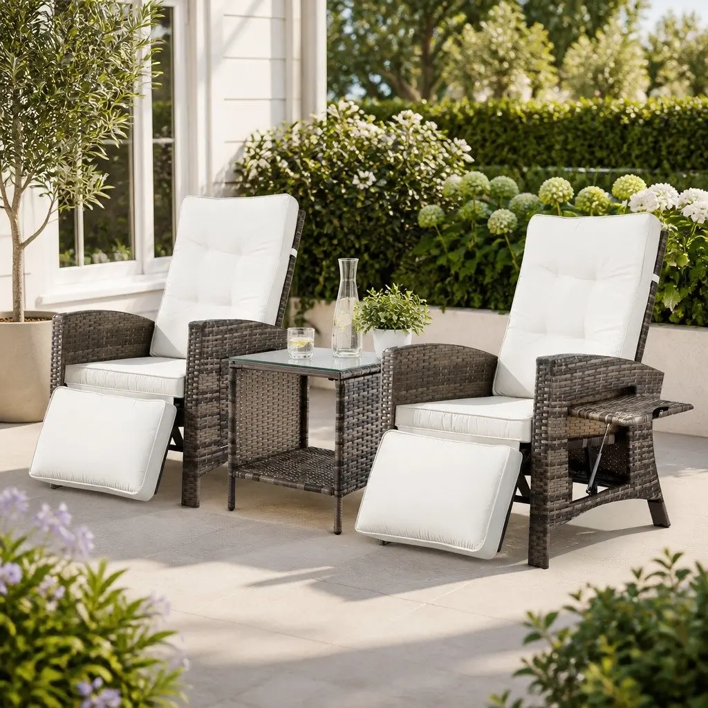 3 Piece Wicker Outdoor Lounge Chair Set Adjustable Backrest Natural Colour with Side Table