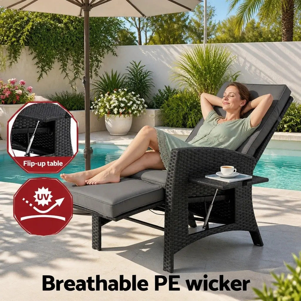 Outdoor Chair Wicker Lounger Adjustable Footrest Backrest Black for Patio