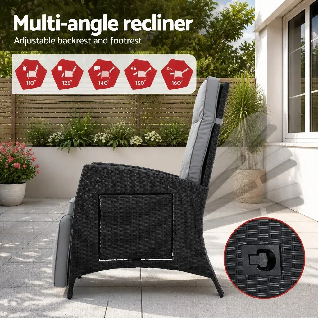 Outdoor Chair Wicker Lounger Adjustable Footrest Backrest Black for Patio