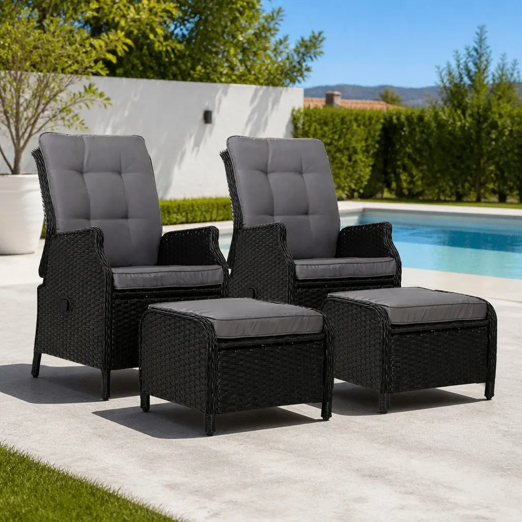 Recliner Chair Wicker Lounger Outdoor Furniture Adjustable Black 2PC