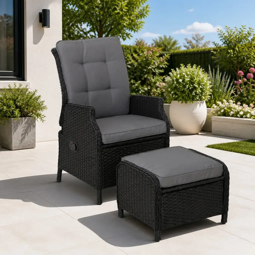 Recliner Chair Wicker Lounger Outdoor Furniture Adjustable Black 2PC