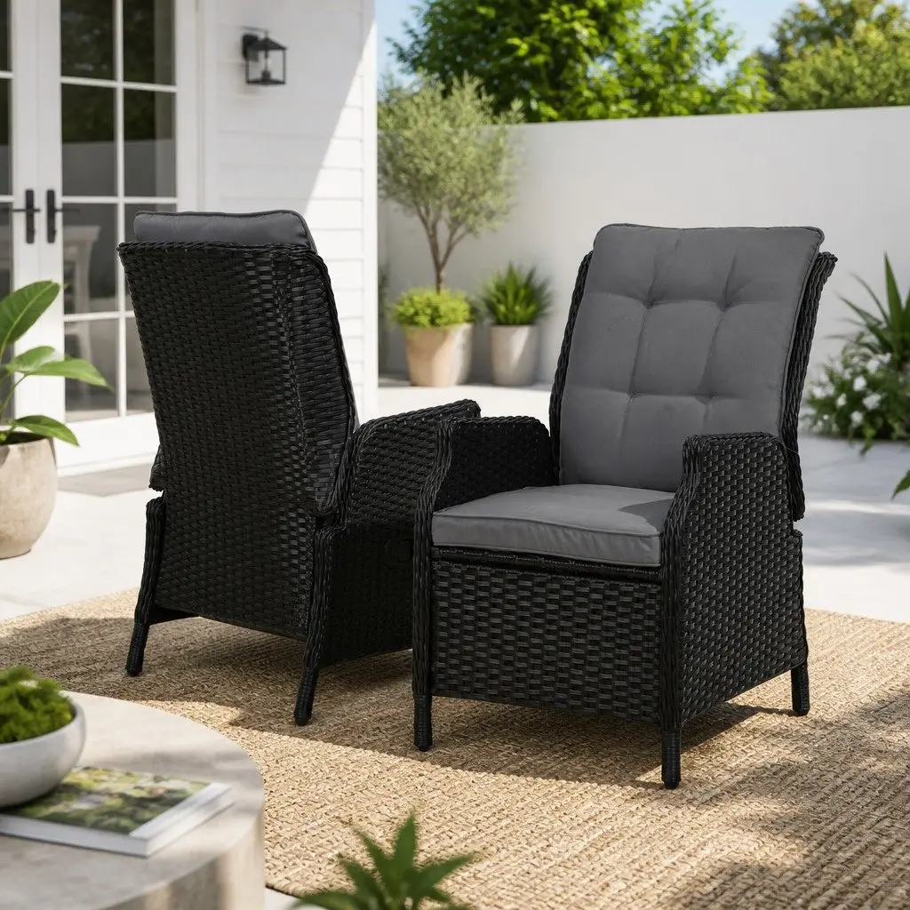 Recliner Chair Wicker Lounger Outdoor Furniture Adjustable Black 2PC