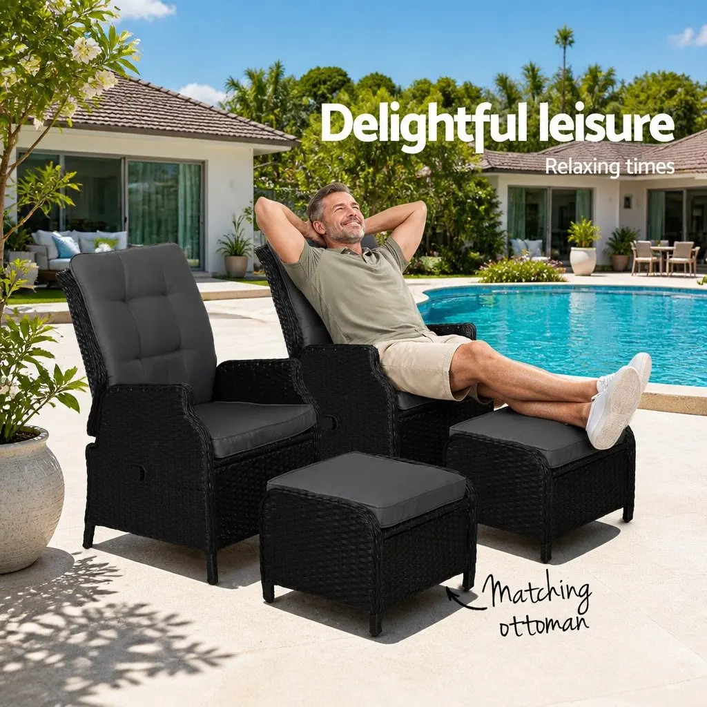 Recliner Chair Wicker Lounger Outdoor Furniture Adjustable Black 2PC