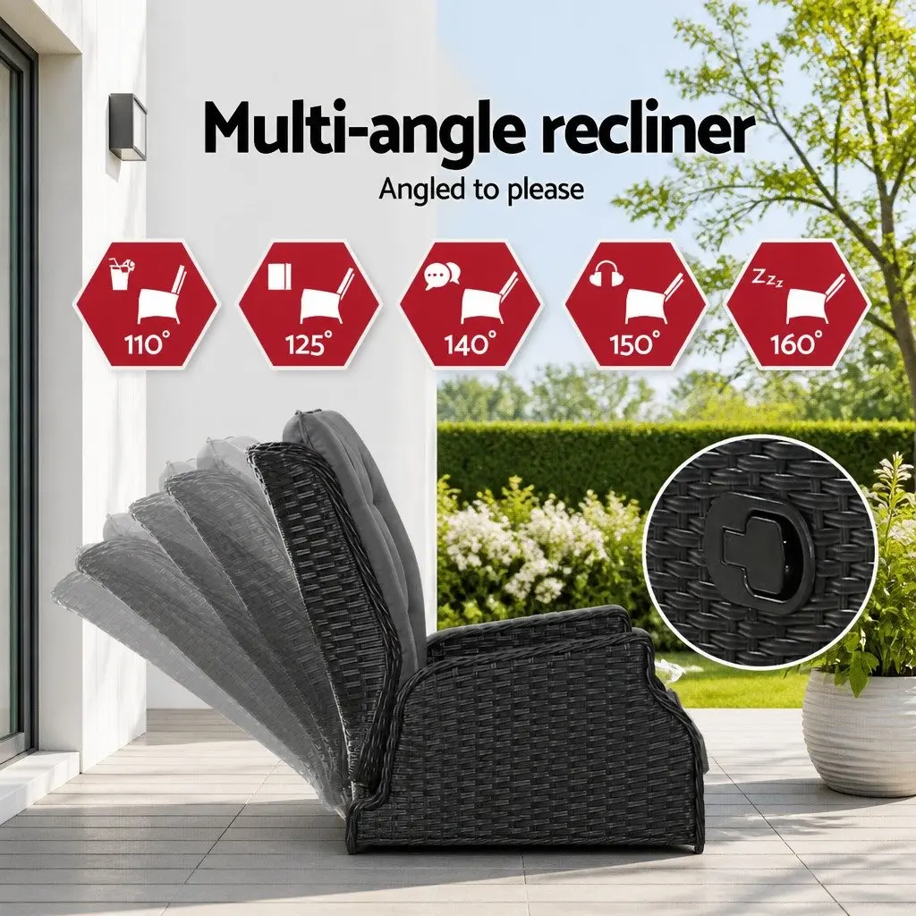 Recliner Chair Wicker Lounger Outdoor Furniture Adjustable Black 2PC