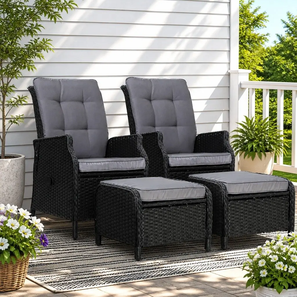 Recliner Chair Wicker Lounger Outdoor Furniture Adjustable Black 2PC