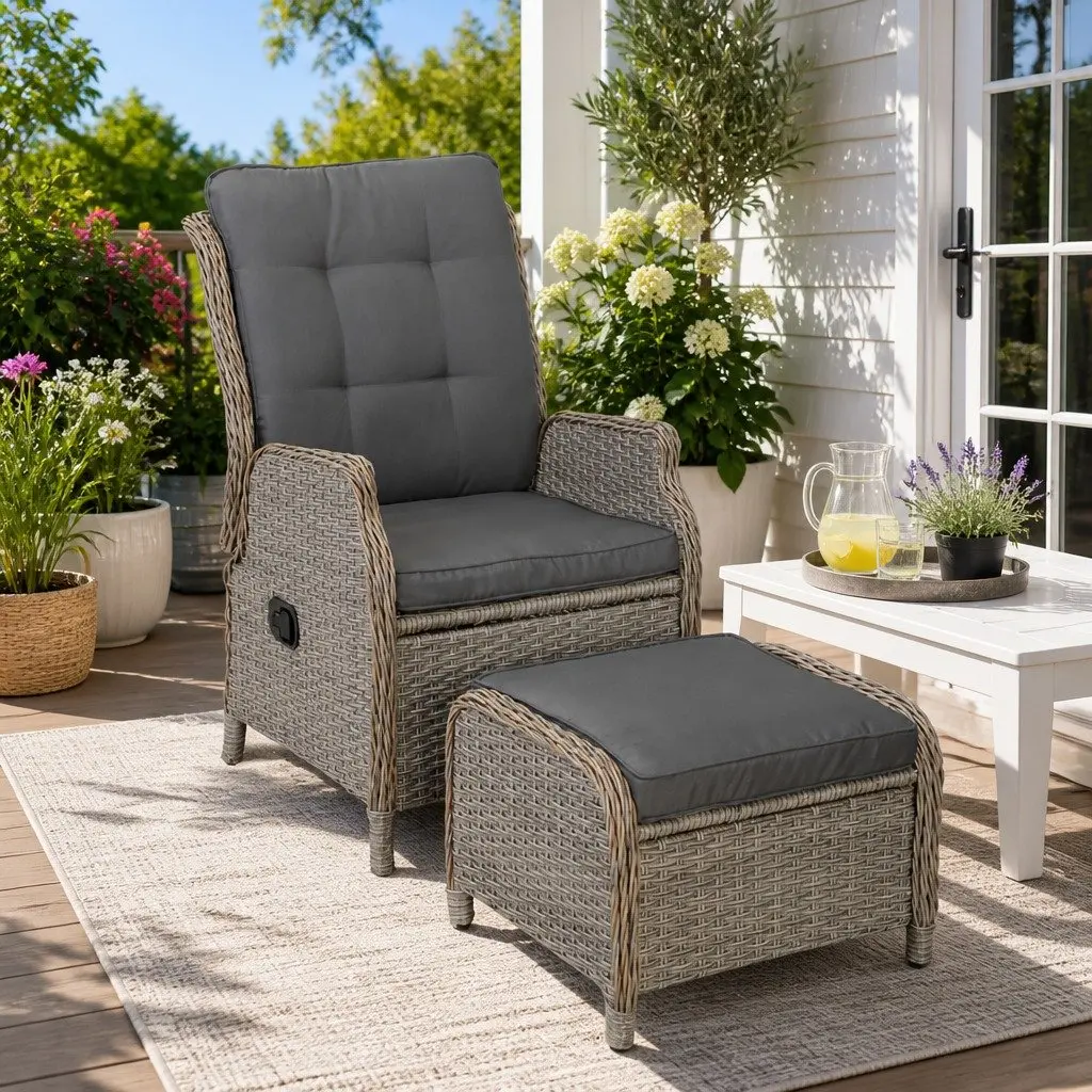 Wicker Recliner Chair Outdoor Sun Lounge Adjustable Backrest Patio Lounger Set
