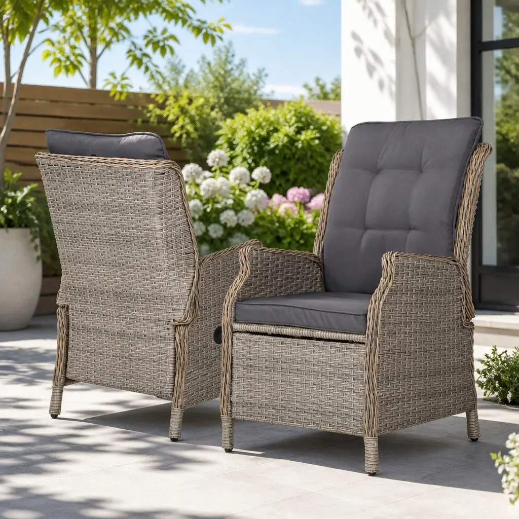 Wicker Recliner Chair Outdoor Sun Lounge Adjustable Backrest Patio Lounger Set
