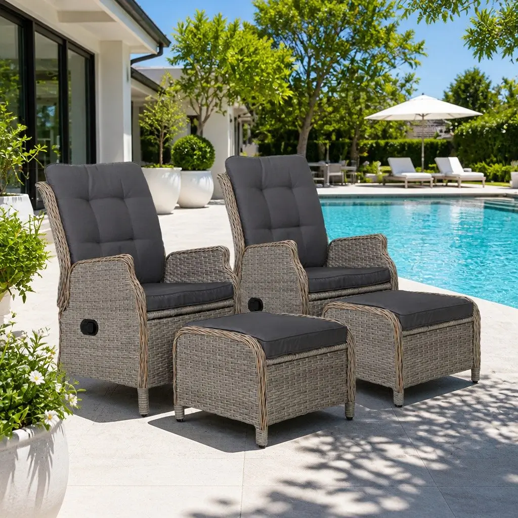 Wicker Recliner Chair Outdoor Sun Lounge Adjustable Backrest Patio Lounger Set