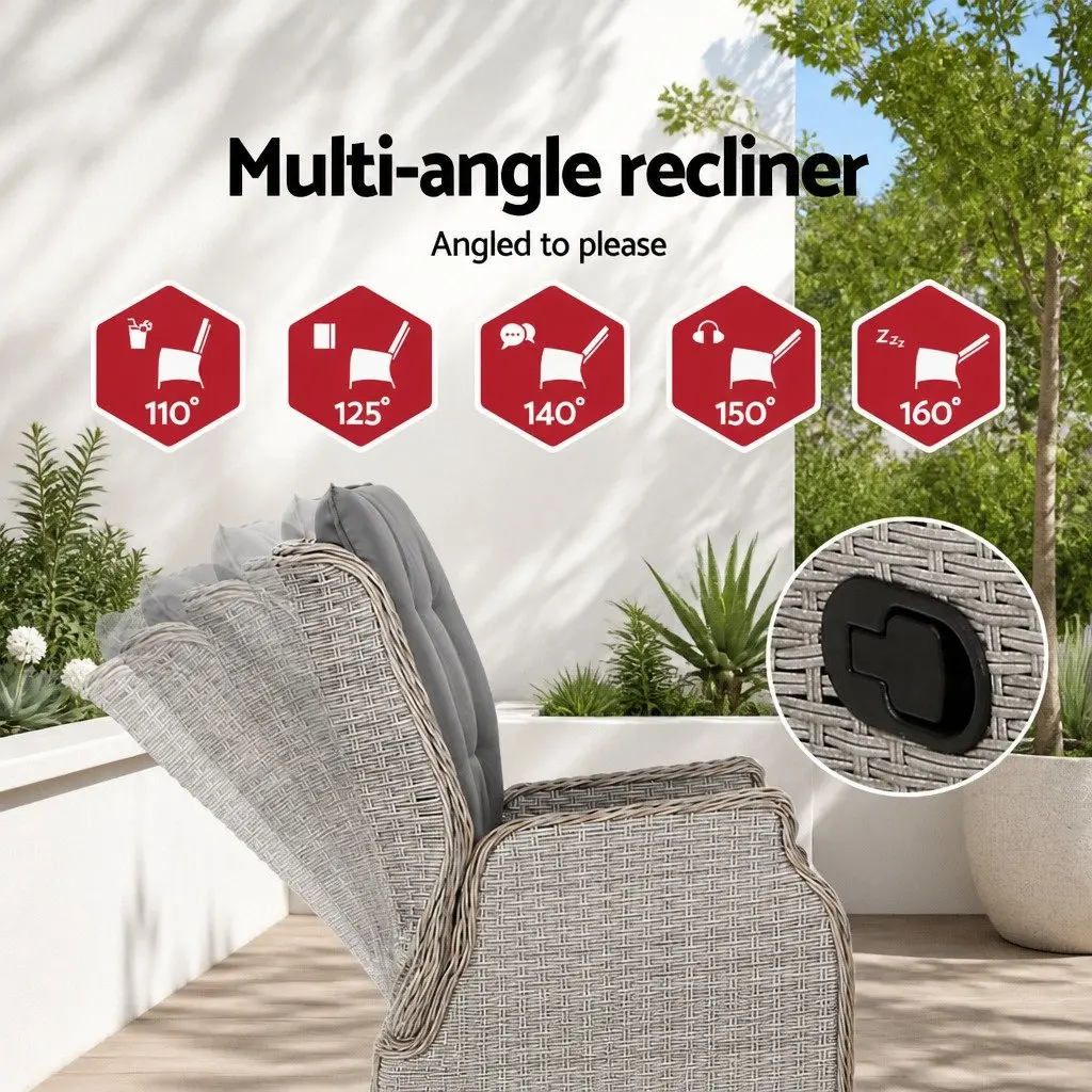 Wicker Recliner Chair Outdoor Sun Lounge Adjustable Backrest Patio Lounger Set