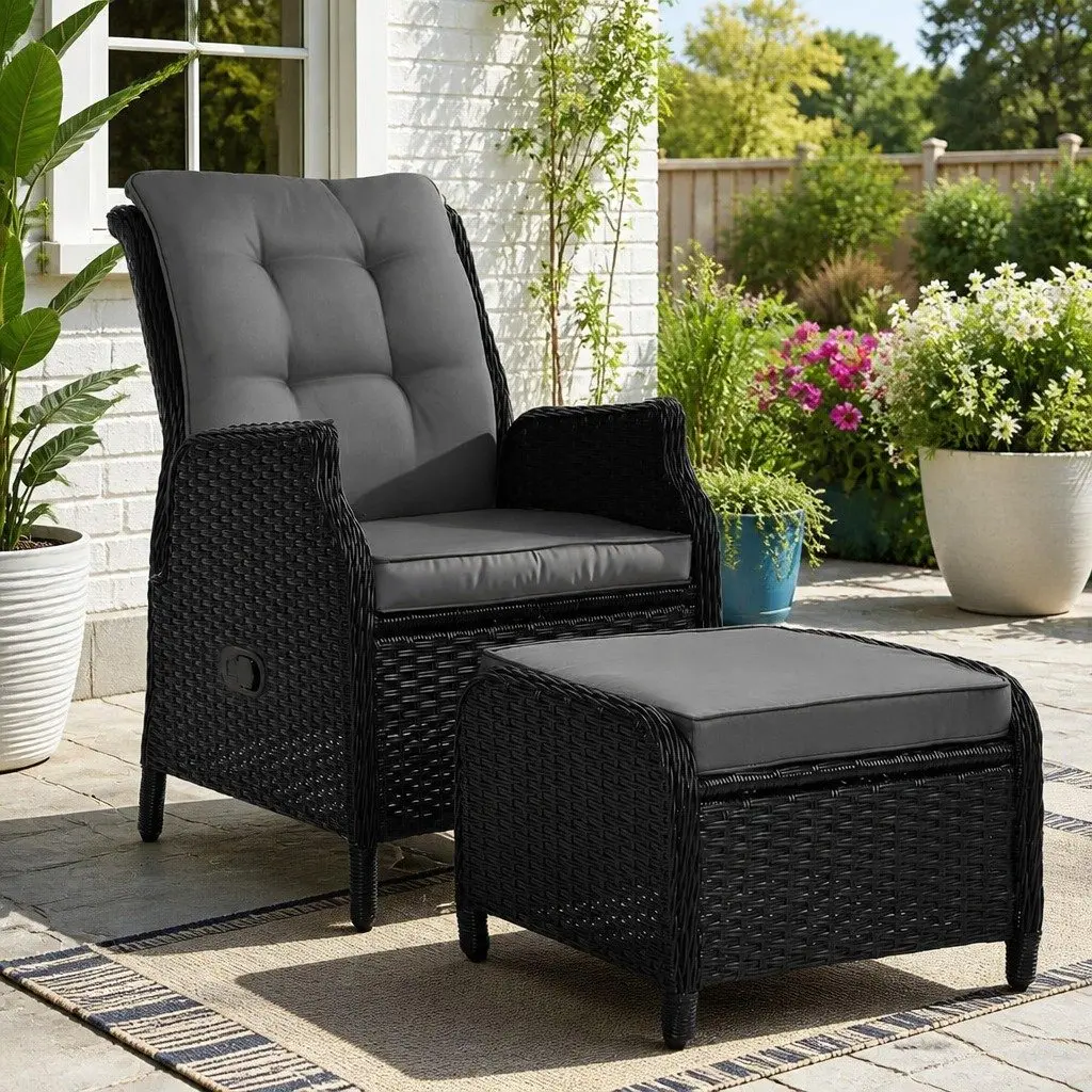 Wicker Recliner Chair and Ottoman Outdoor Furniture Adjustable Lounger Black