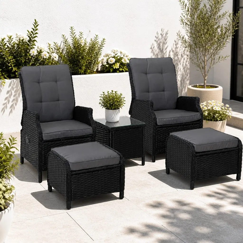 5 Piece Adjustable Outdoor Wicker Recliner Set with Chairs Ottomans and Side Table Black