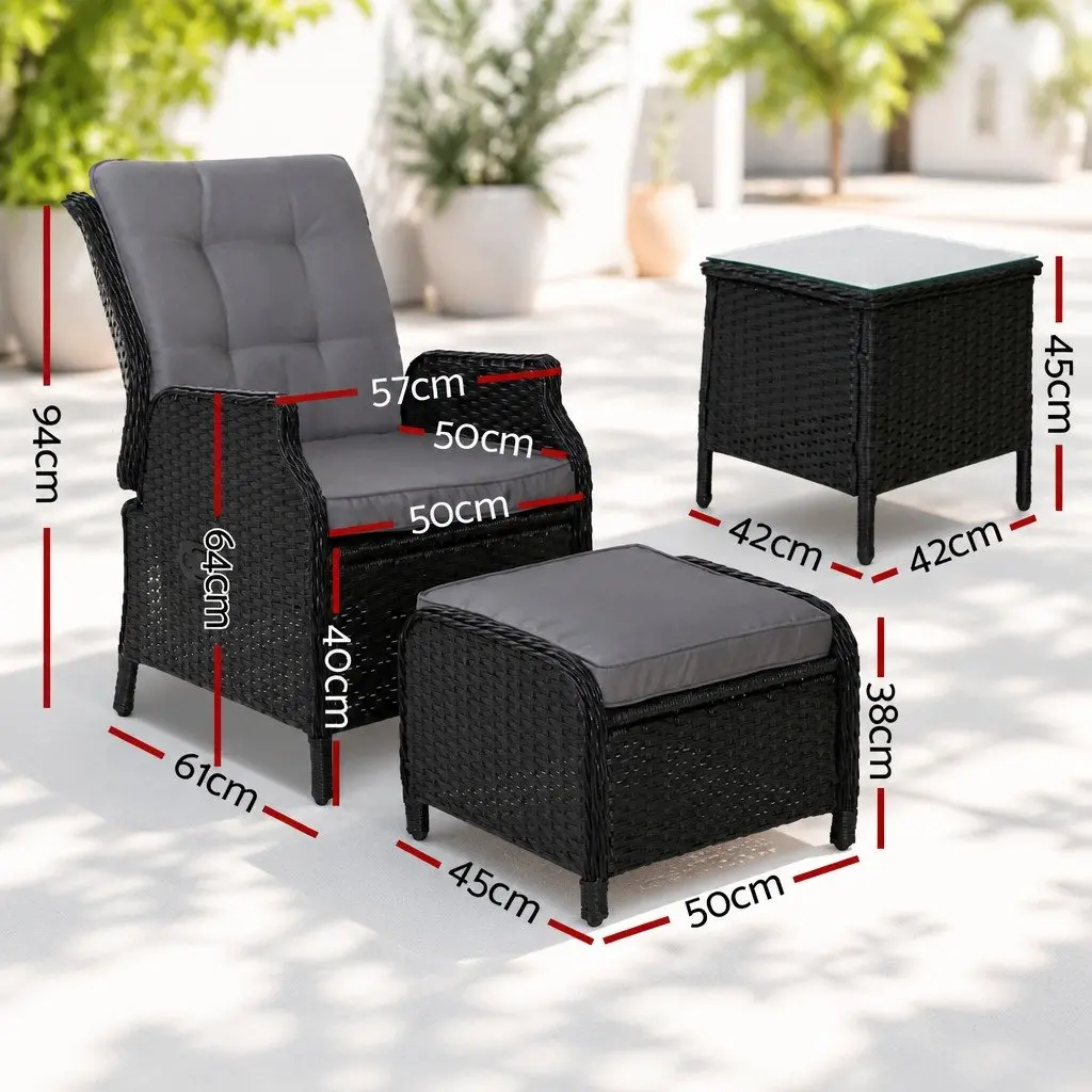 5 Piece Adjustable Outdoor Wicker Recliner Set with Chairs Ottomans and Side Table Black