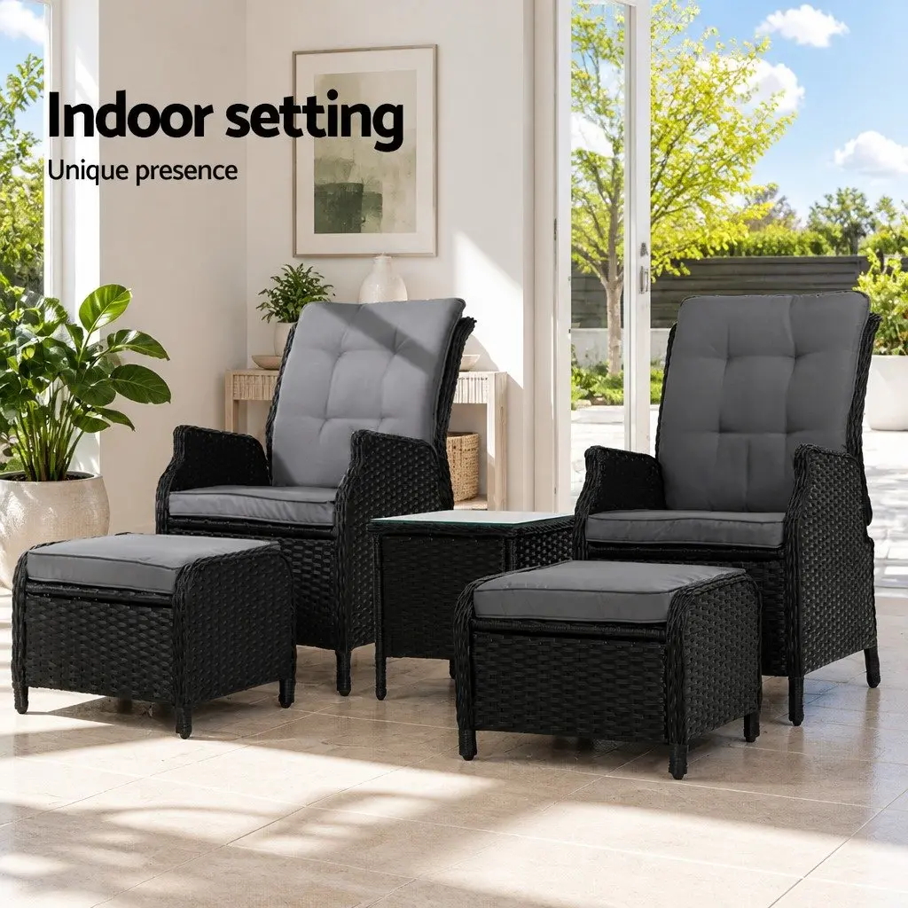 5 Piece Adjustable Outdoor Wicker Recliner Set with Chairs Ottomans and Side Table Black