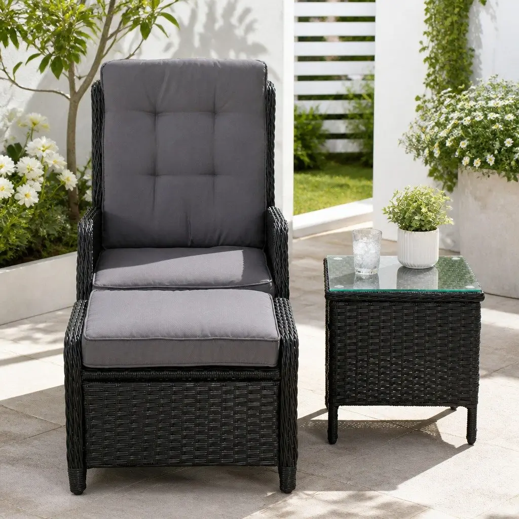 5 Piece Adjustable Outdoor Wicker Recliner Set with Chairs Ottomans and Side Table Black