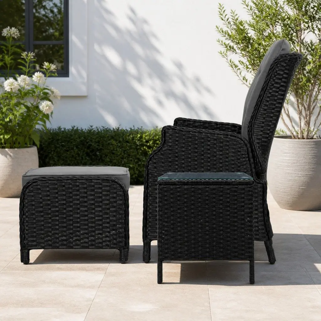 5 Piece Adjustable Outdoor Wicker Recliner Set with Chairs Ottomans and Side Table Black