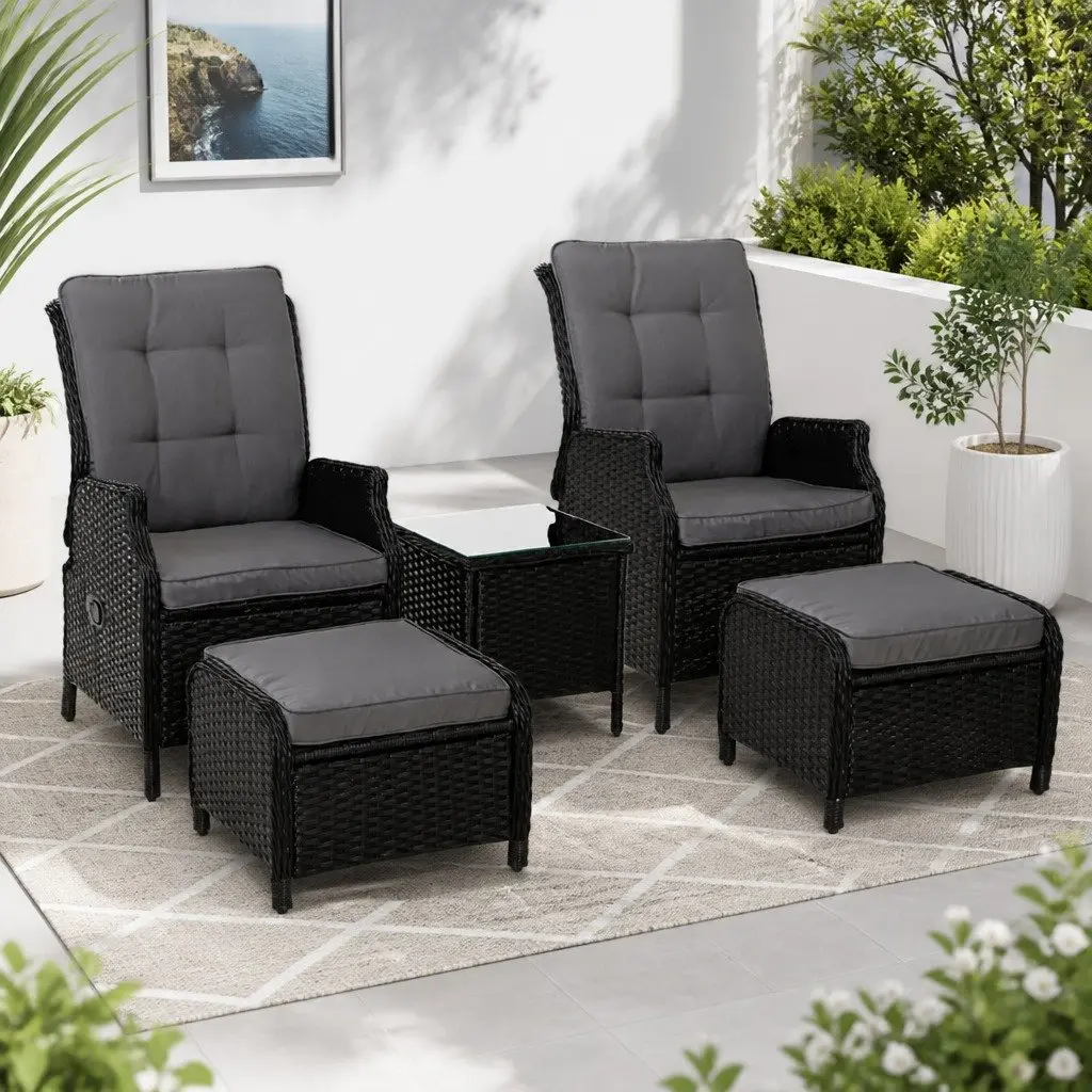5 Piece Adjustable Outdoor Wicker Recliner Set with Chairs Ottomans and Side Table Black