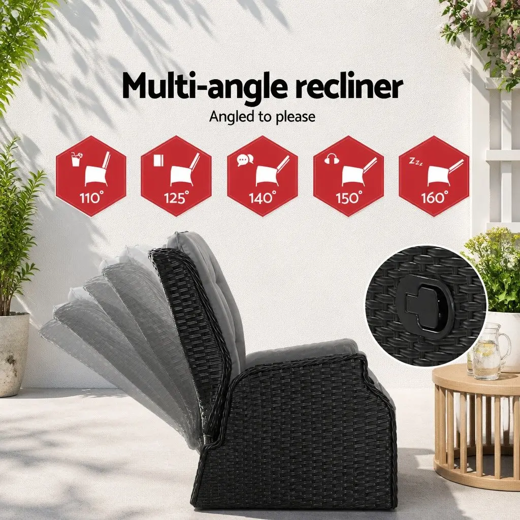 5 Piece Adjustable Outdoor Wicker Recliner Set with Chairs Ottomans and Side Table Black