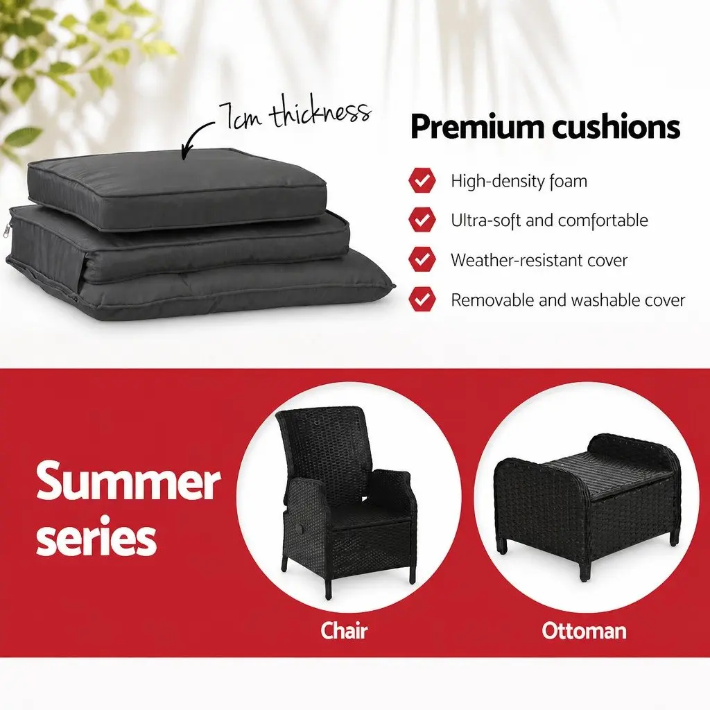 5 Piece Adjustable Outdoor Wicker Recliner Set with Chairs Ottomans and Side Table Black