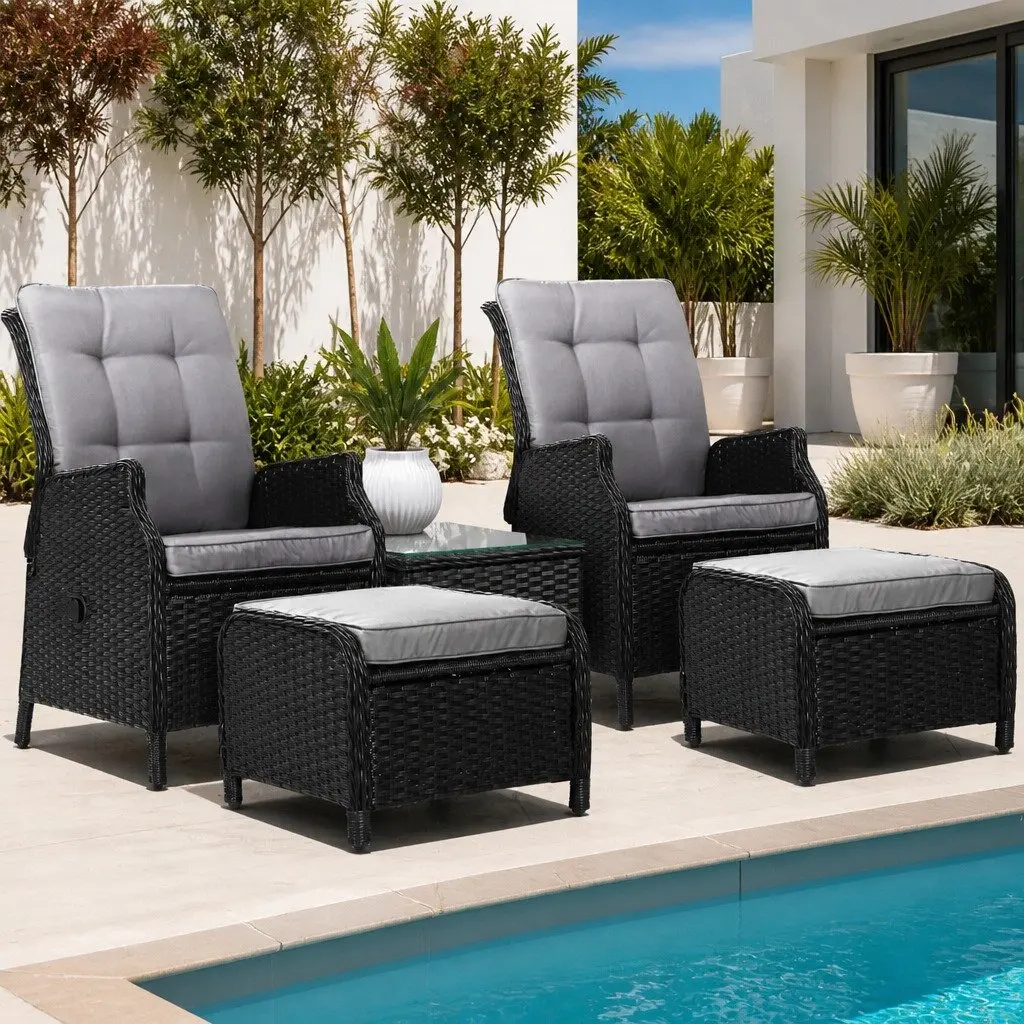 5 Piece Adjustable Outdoor Wicker Recliner Set with Chairs Ottomans and Side Table Black