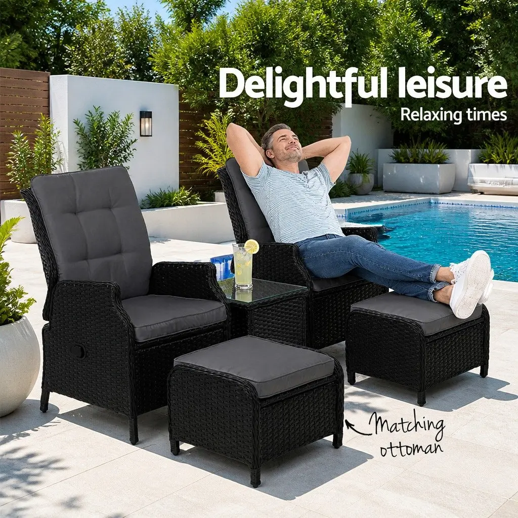 5 Piece Adjustable Outdoor Wicker Recliner Set with Chairs Ottomans and Side Table Black