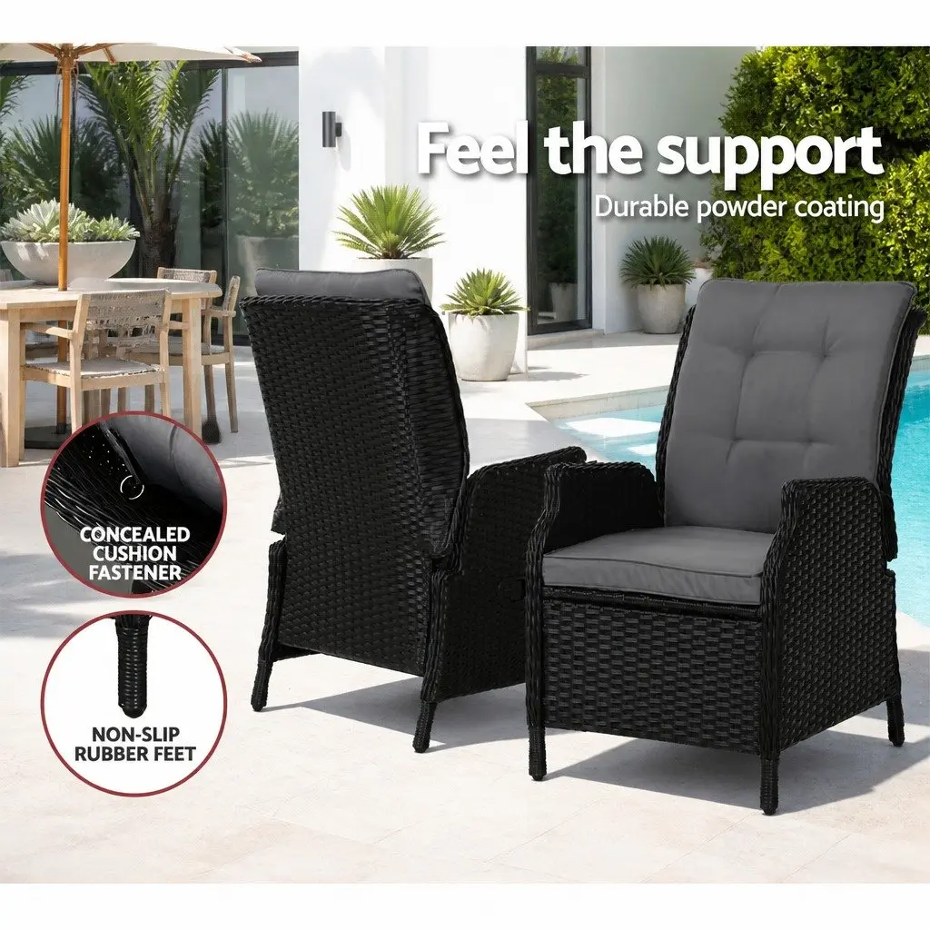 5 Piece Adjustable Outdoor Wicker Recliner Set with Chairs Ottomans and Side Table Black
