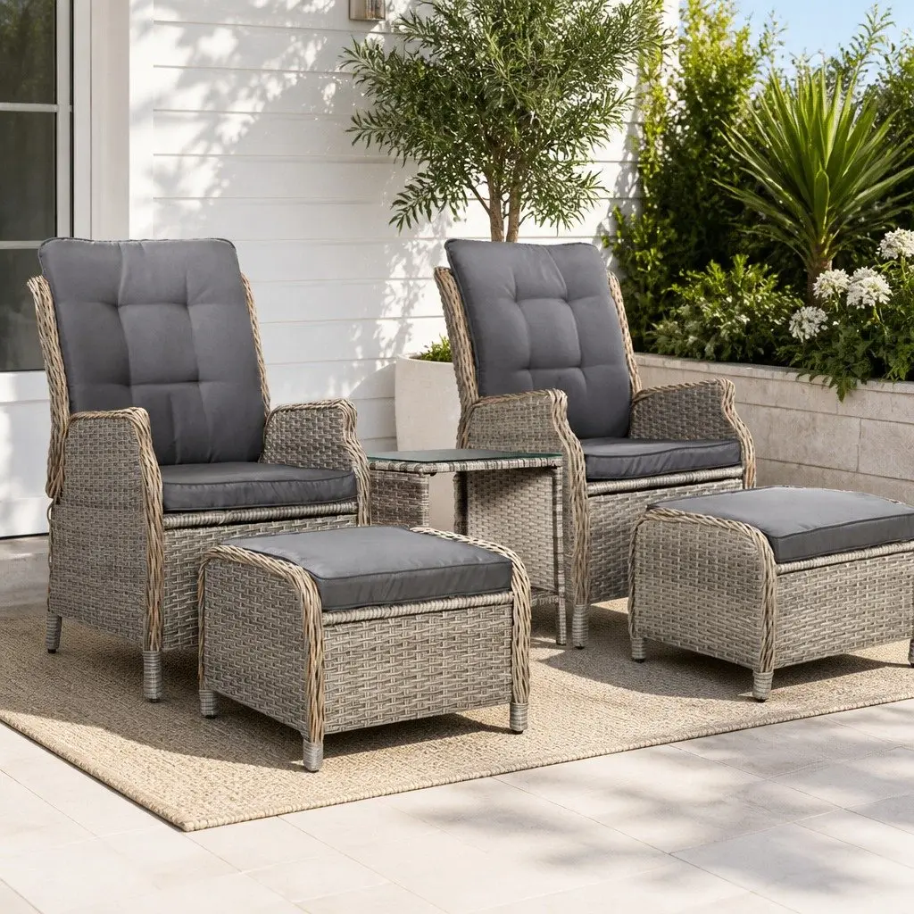 5 Piece Wicker Outdoor Recliner Furniture Set with Adjustable Backrest Grey