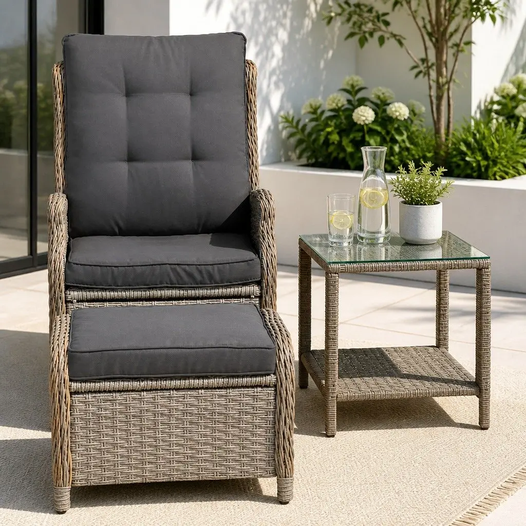 5 Piece Wicker Outdoor Recliner Furniture Set with Adjustable Backrest Grey