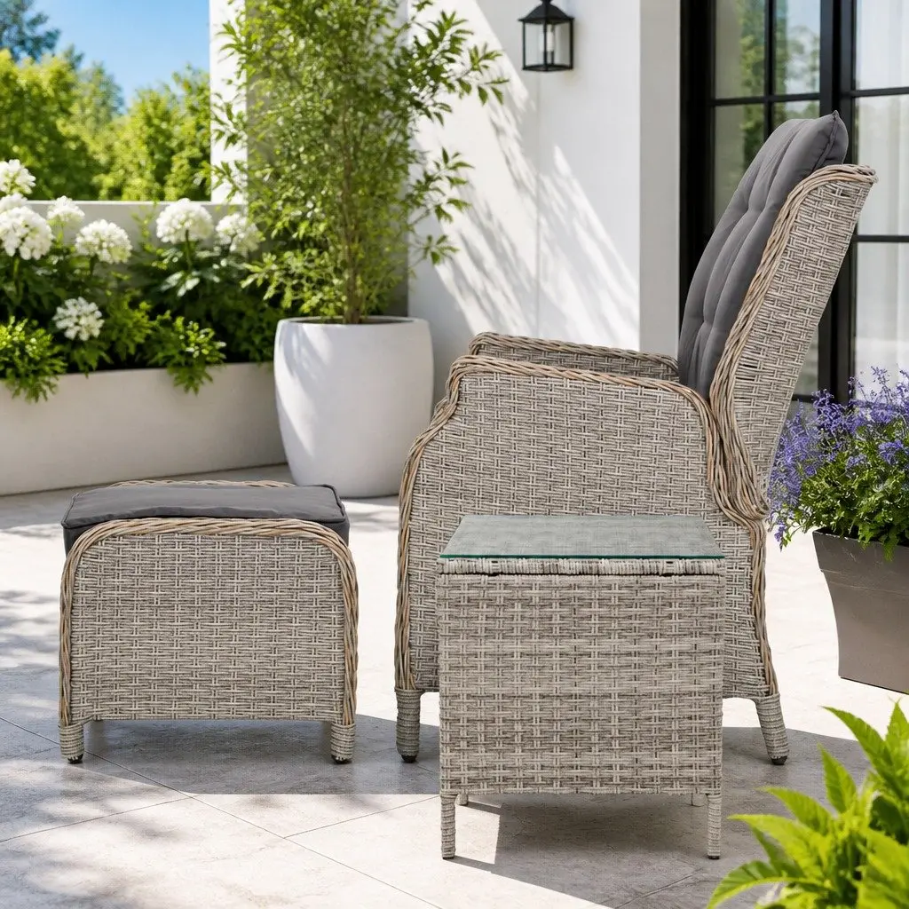 5 Piece Wicker Outdoor Recliner Furniture Set with Adjustable Backrest Grey