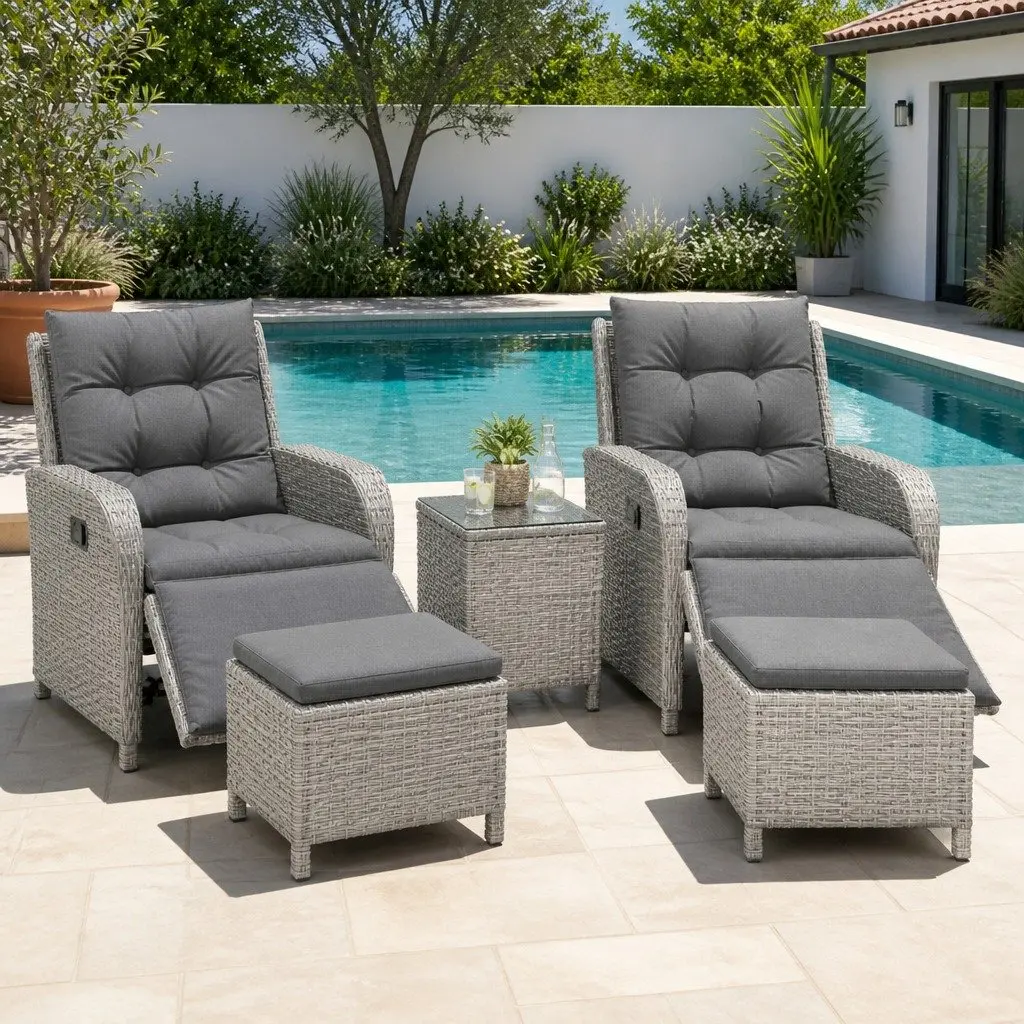 5 Piece Wicker Outdoor Recliner Furniture Set with Adjustable Backrest Grey