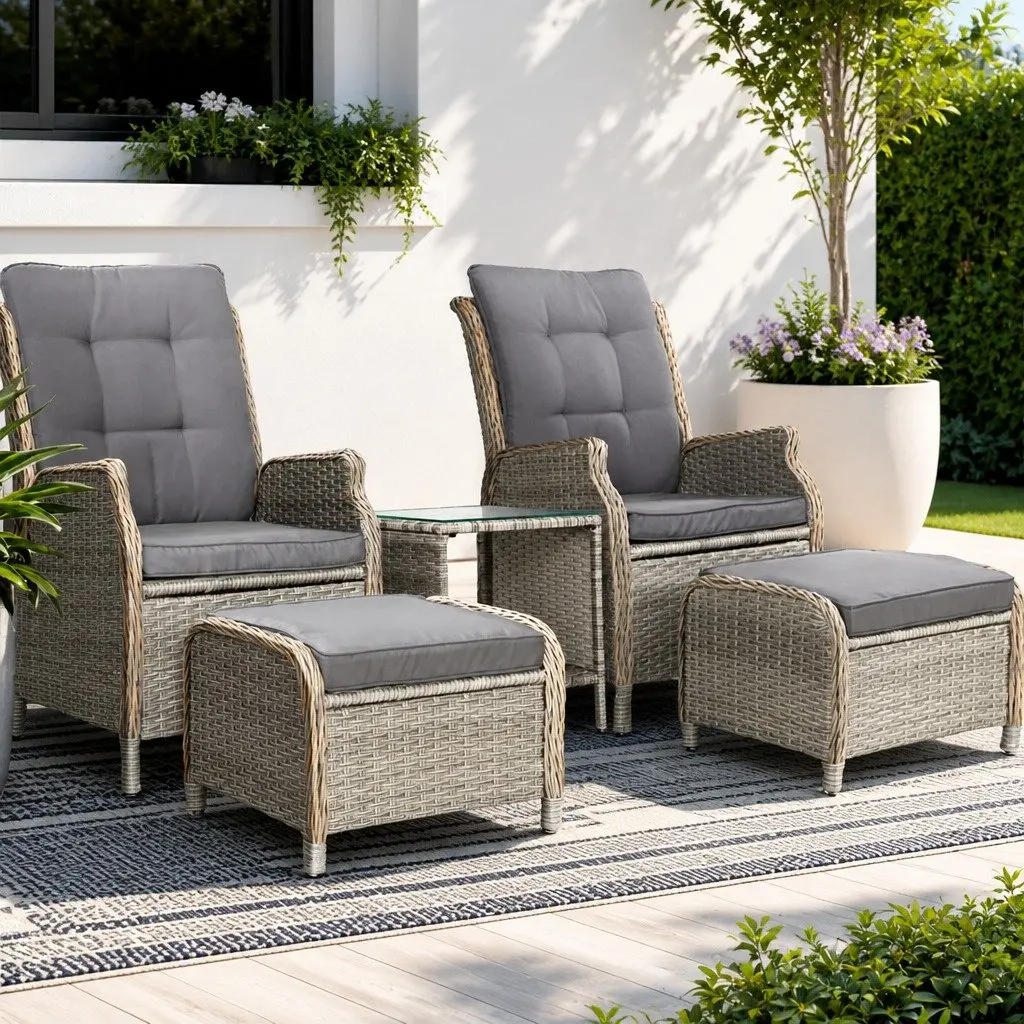 5 Piece Wicker Outdoor Recliner Furniture Set with Adjustable Backrest Grey