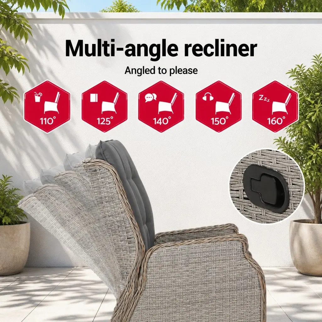 5 Piece Wicker Outdoor Recliner Furniture Set with Adjustable Backrest Grey
