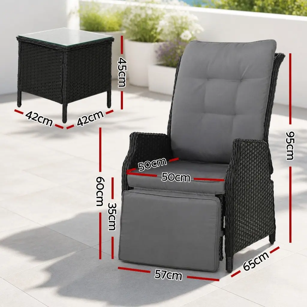 3-Piece Outdoor Recliner Chair Set with Side Table Wicker Garden Lounger