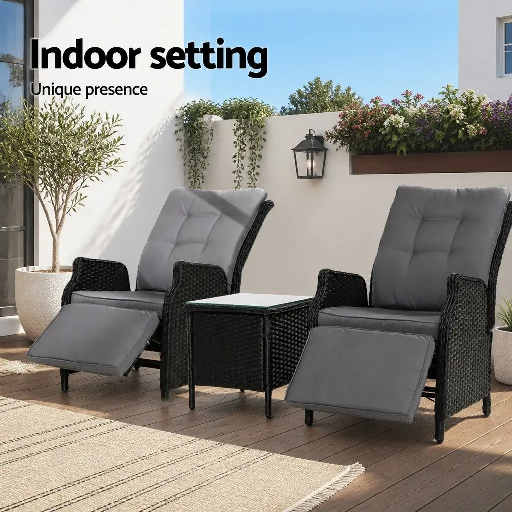 3-Piece Outdoor Recliner Chair Set with Side Table Wicker Garden Lounger