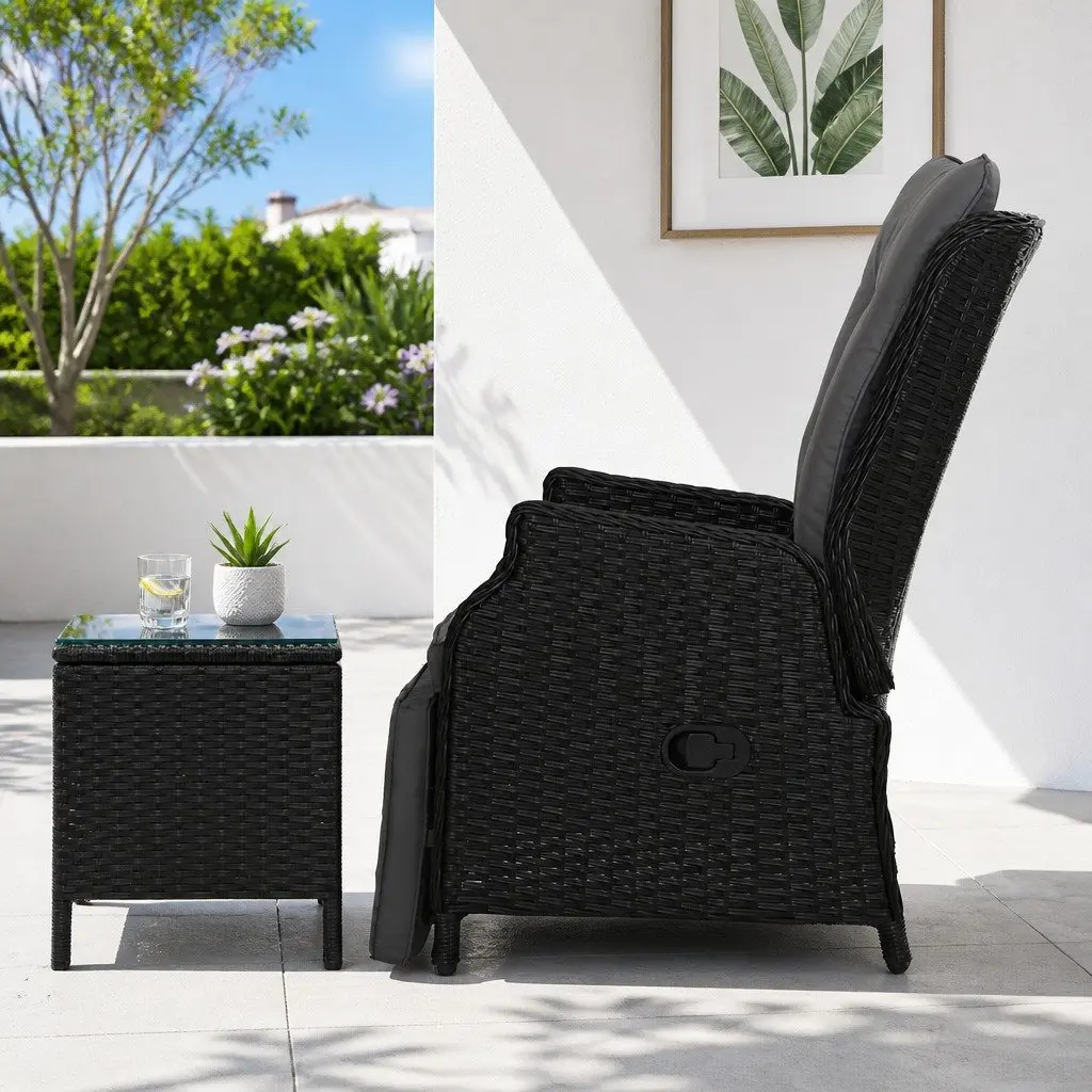 3-Piece Outdoor Recliner Chair Set with Side Table Wicker Garden Lounger