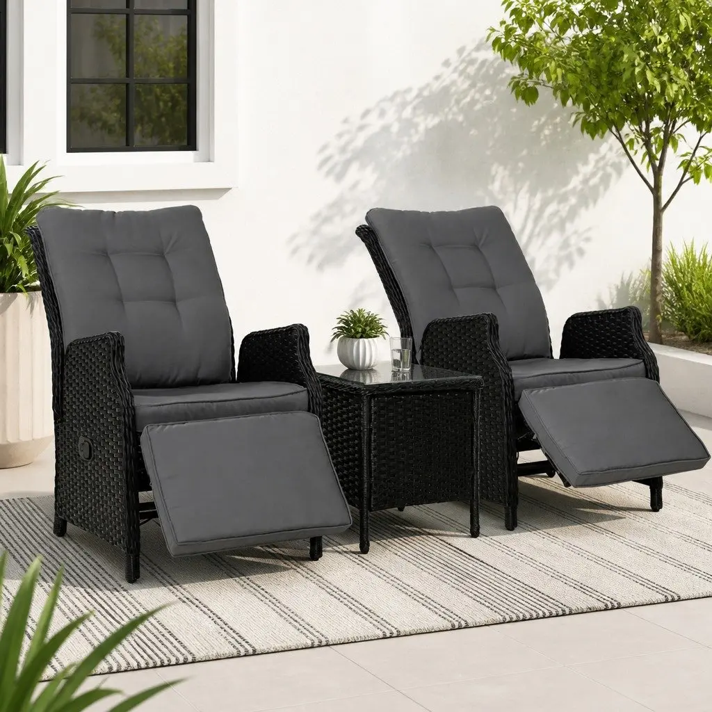 3-Piece Outdoor Recliner Chair Set with Side Table Wicker Garden Lounger