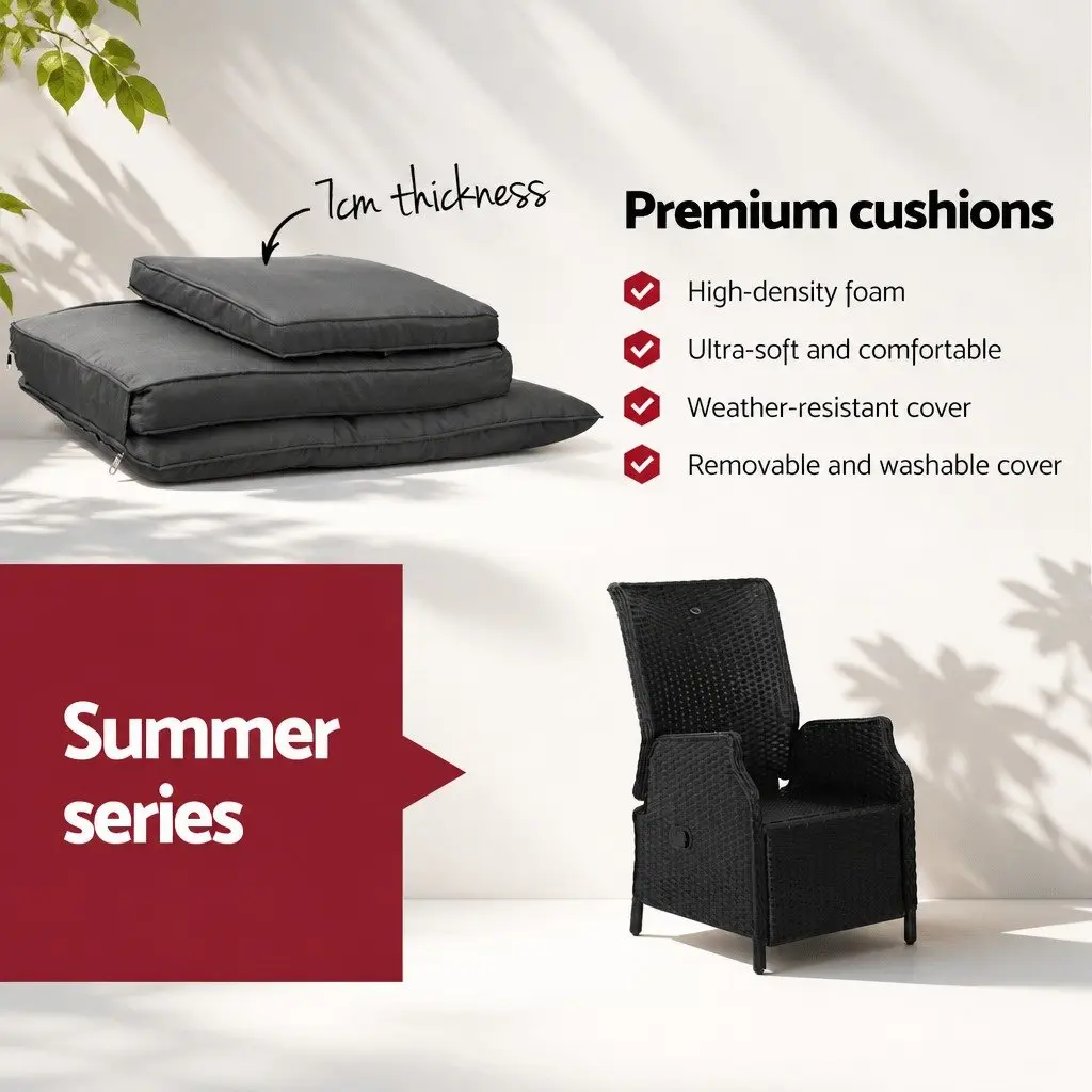 3-Piece Outdoor Recliner Chair Set with Side Table Wicker Garden Lounger