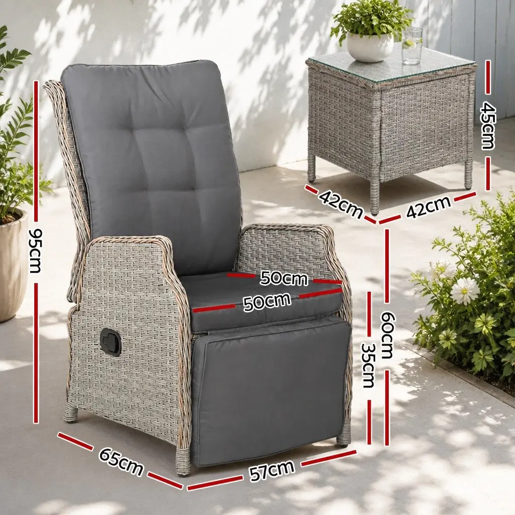 3 Piece Outdoor Recliner Set Wicker Lounge Chairs Side Table Garden Furniture
