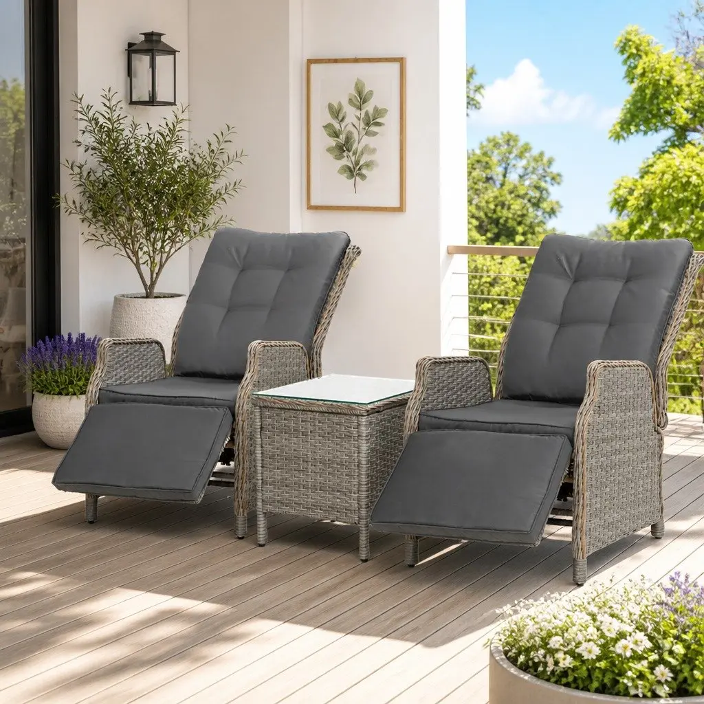3 Piece Outdoor Recliner Set Wicker Lounge Chairs Side Table Garden Furniture