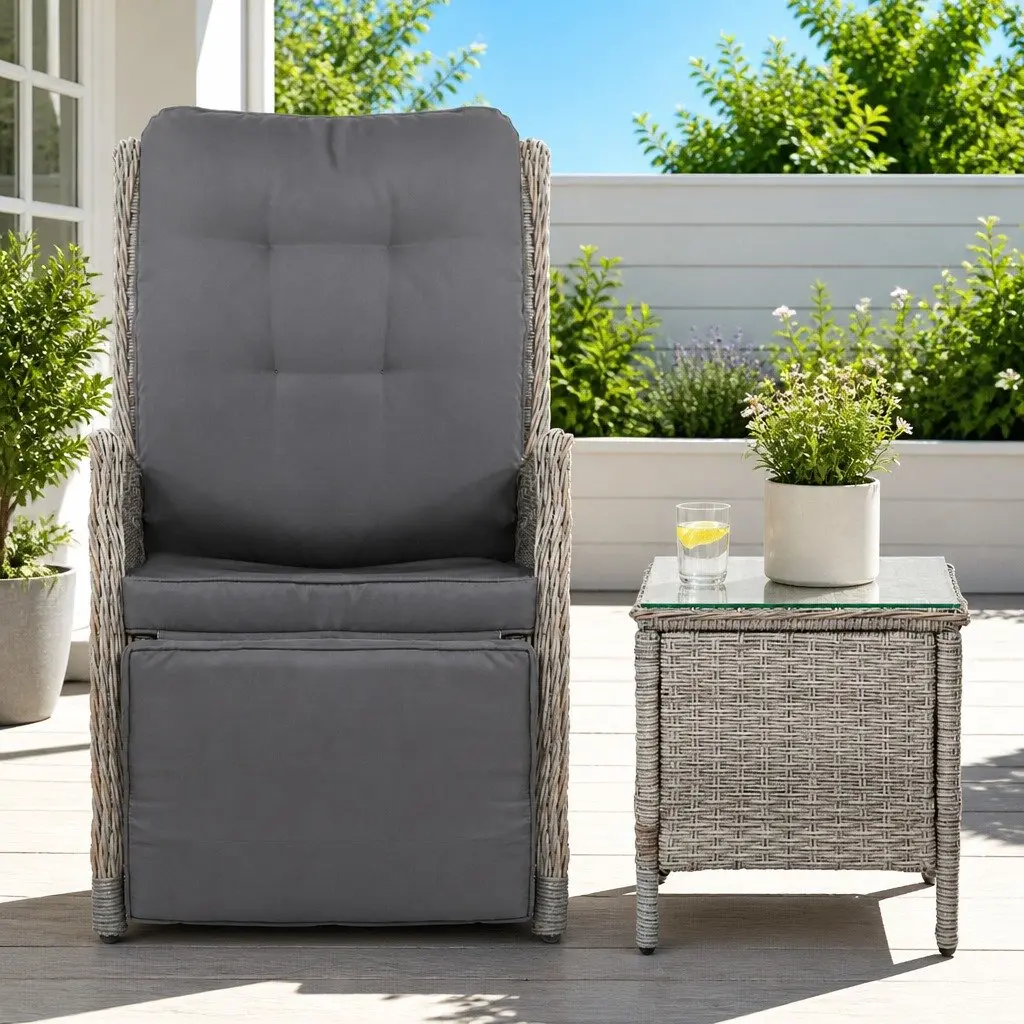 3 Piece Outdoor Recliner Set Wicker Lounge Chairs Side Table Garden Furniture