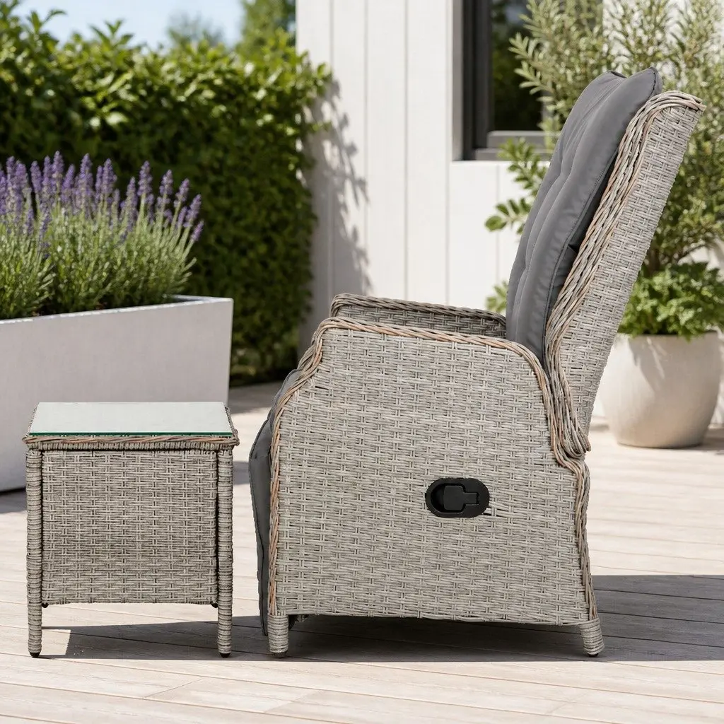 3 Piece Outdoor Recliner Set Wicker Lounge Chairs Side Table Garden Furniture