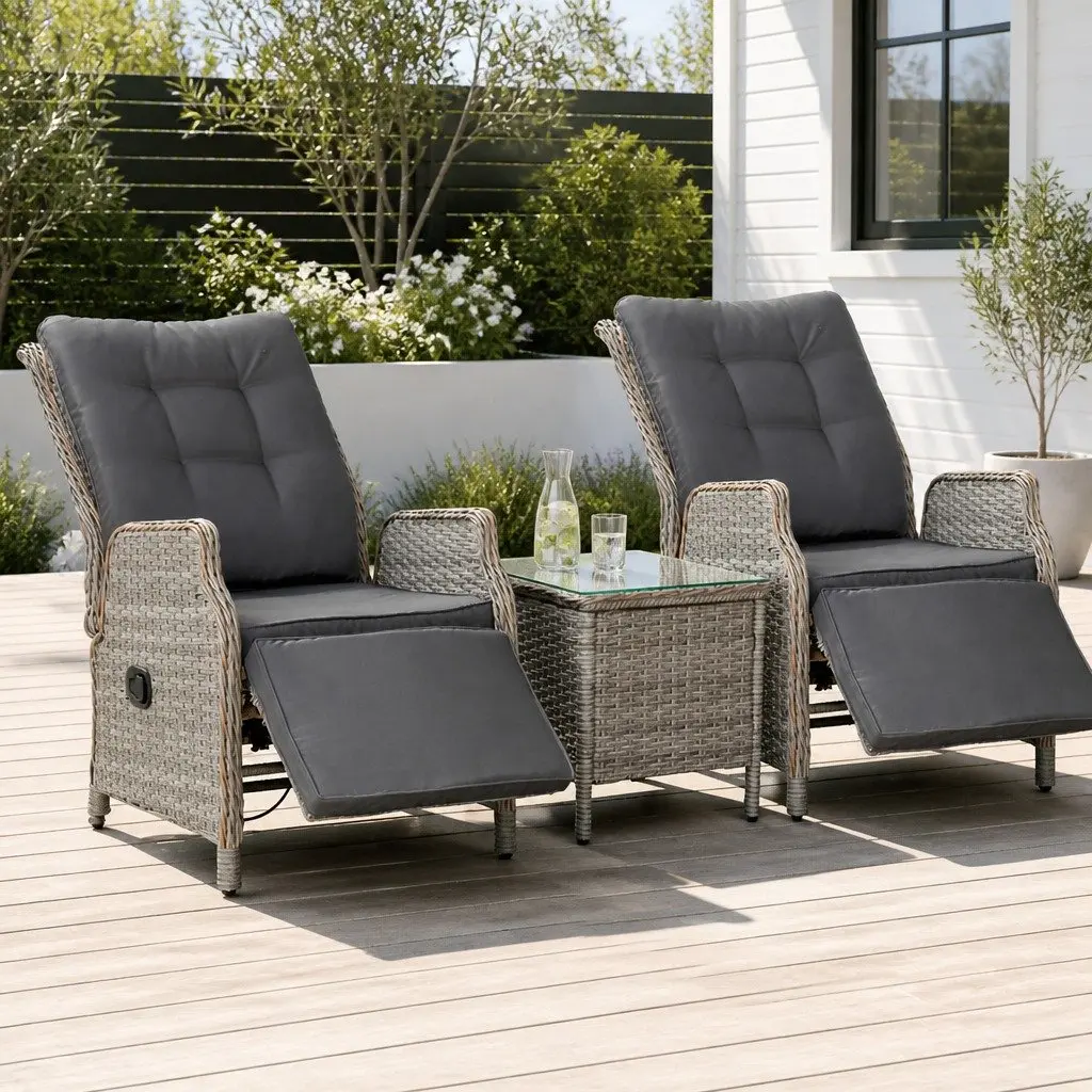 3 Piece Outdoor Recliner Set Wicker Lounge Chairs Side Table Garden Furniture