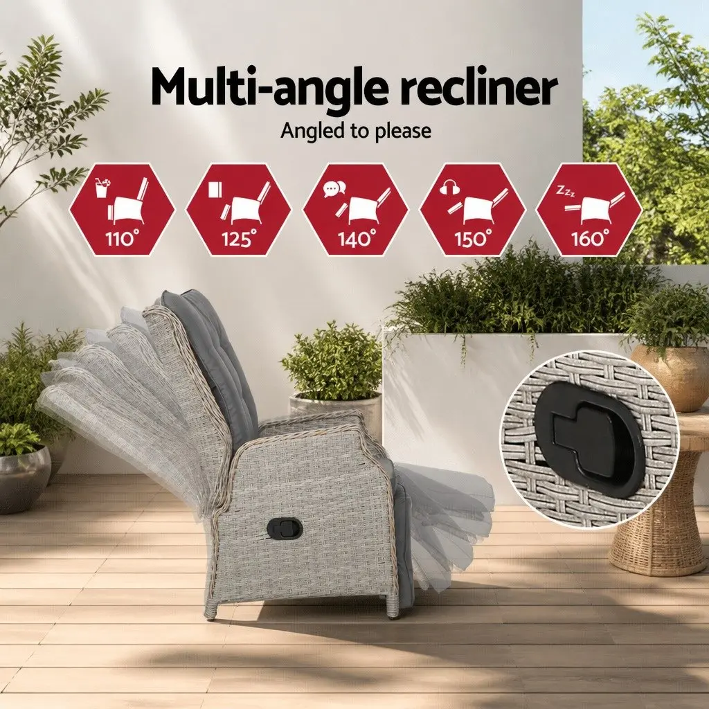 3 Piece Outdoor Recliner Set Wicker Lounge Chairs Side Table Garden Furniture