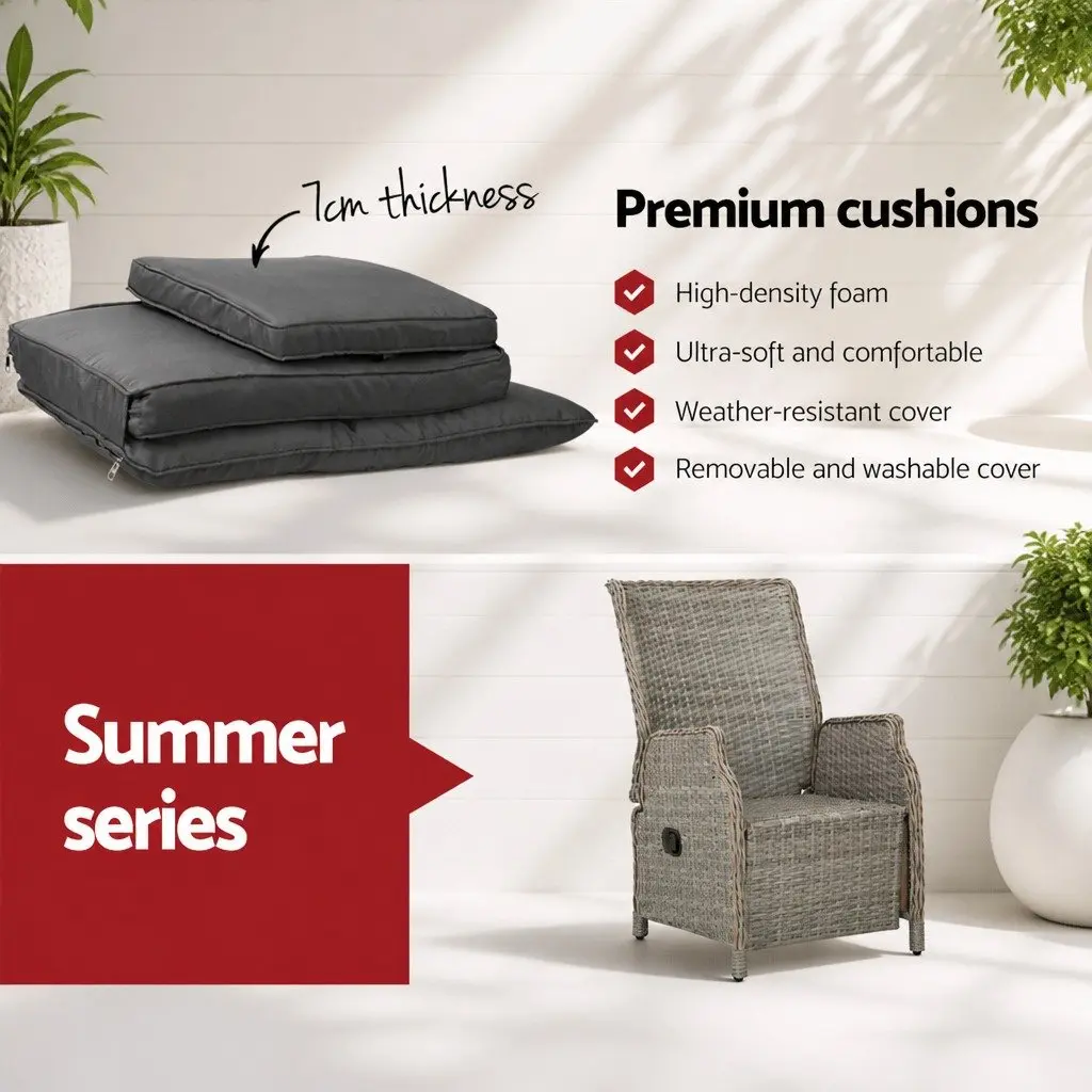 3 Piece Outdoor Recliner Set Wicker Lounge Chairs Side Table Garden Furniture