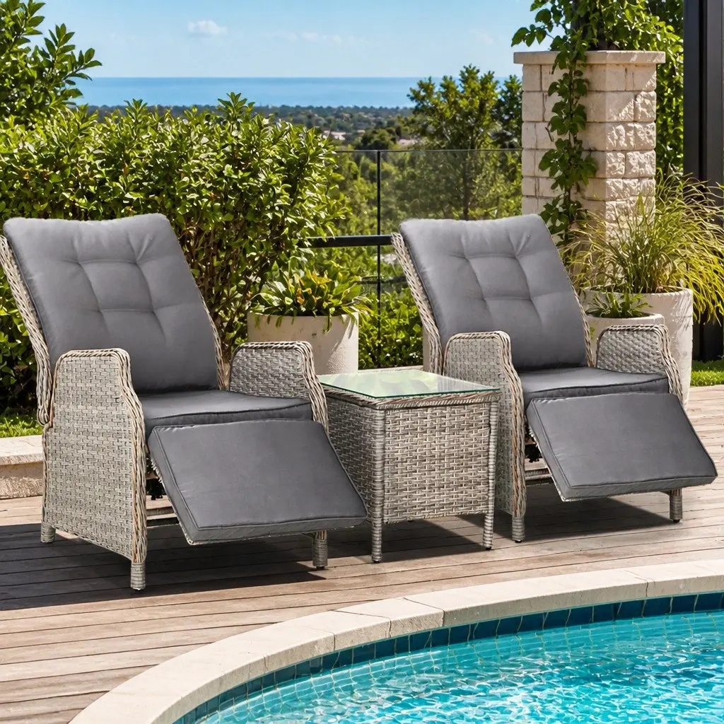 3 Piece Outdoor Recliner Set Wicker Lounge Chairs Side Table Garden Furniture