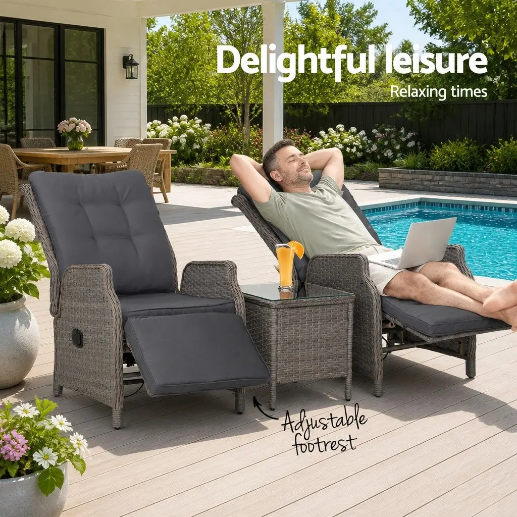 3 Piece Outdoor Recliner Set Wicker Lounge Chairs Side Table Garden Furniture